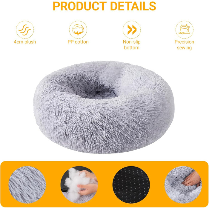 М'яке ліжко для собак середнього та маленького розміру, котяче ліжко, круглий килимок для собак, знімний та пральний килимок для собак, діаметр 50 см, довгий плюш, неслизьке ліжко для собак, диван для собак з високим бортиком, сірий колір