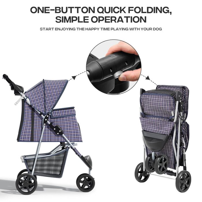 Дитяча коляска для котів та собак, 3 колеса, складний візок для тварин, 13,6 кг, з кошиком та тримачем для напоїв, в клітинку