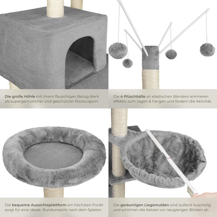 Дерево для котів tectake® XXL, велике, з лежаками, гамаком, будиночком, іграшками, мотузкою, стовпчиком для шліфування, чорний (сірий) - 165 см