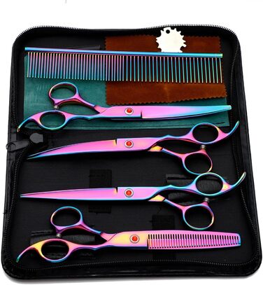 Набір професійних ножиць для грумінгу собак та котів 5-в-1, 7.0 дюймів, з нержавіючої сталі 440C, включає секатор, вигнуті та прямі ножиці, гребінець для шерсті