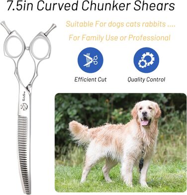 Професійна вигнута ножиця для грумінгу домашніх тварин 7.5 дюймів (25 градусів) з 35 зубцями, коефіцієнт розрідження 65%, високоякісна грумерська ножиця
