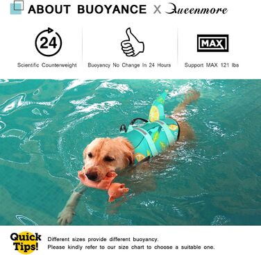 Жилет рятувальний для собак Queenmore, регульований, для середніх та великих собак, з високою плавучістю та міцним ручним тримачем