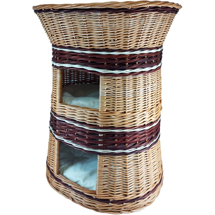 Плетене котяче ліжко з лози, 3-ярусне, з подушкою бежевого кольору