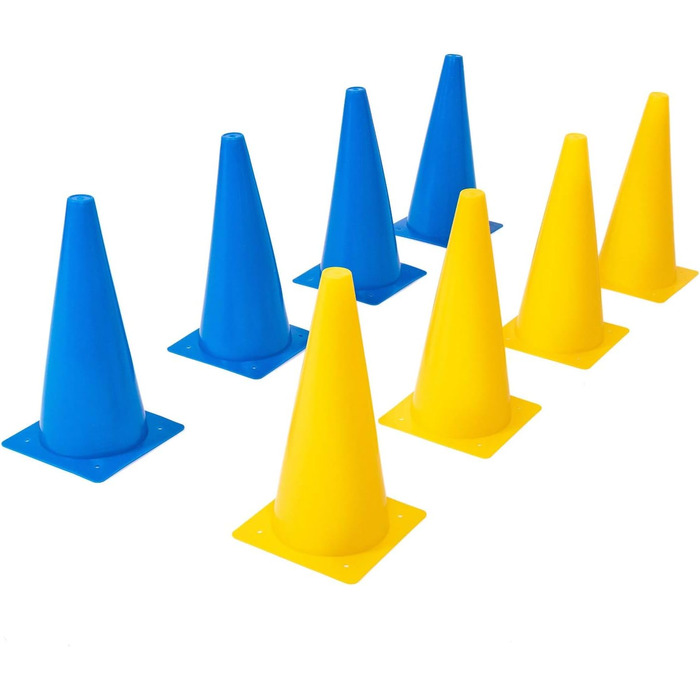 Набір фігурок 8LevelUp Pylonen (8 шт.) – 30 см. Ідеально для футболу, верхової їзди, дресирування собак та коней, агіліті. Жовті та сині фігурки, гнучкі, безпечні та міцні, з сумкою.
