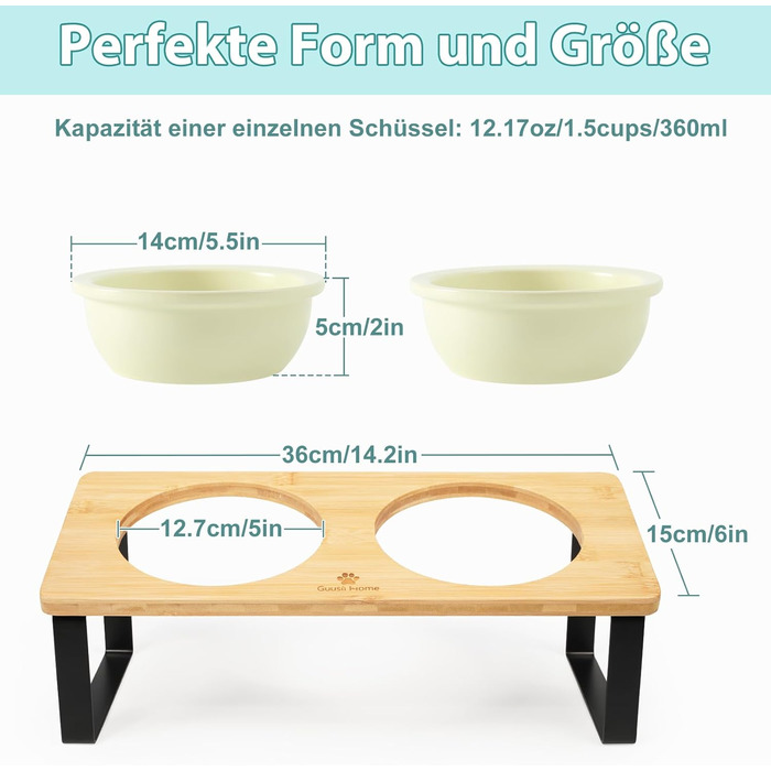 Набір мисок для котів GUUSII HOME (2 шт.) з кераміки, 360 мл, для корму та води, бежевий, 14 см, миски для котів, машиномийні