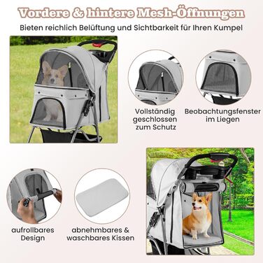 GYMAX Візок для домашніх тварин, складний, для котів/собак до 15 кг, з кошиком, дощовиком та сіткою, для маленьких тварин (сірий)