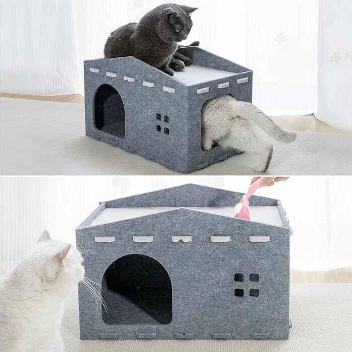 Кішка Будиночок з Фельту, Лежанка для Кішки - Знімний Будиночок, Теплий та Зимостійкий, Захист Кігтів, 52 x 32 x 31 см, Сірий