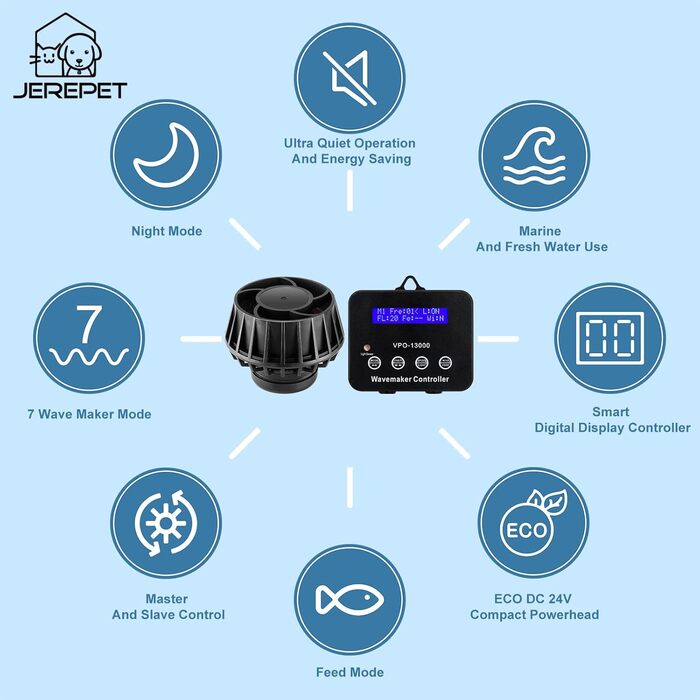 JEREPET 3400 GPH Вейвмейкер для акваріума з контролером, DC 24V, 18 Вт, магнітне кріплення, LED-дисплей