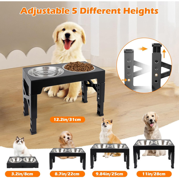 Підвищена годівниця для собак та котів, регульована висота, з нержавіючої сталі, 2 миски, чорна