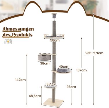 Кігтеточка GOPLUS висока до стелі, 236-271 см, 5 поверхів, з платформами, подушками, гамаком, кігтеточками та захистом від перекидання, сірого кольору