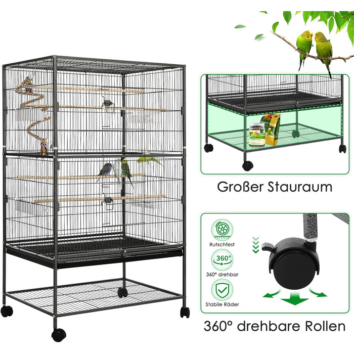 Клітка для птахів велика, металева, на 4 колесах, для хвилястих попугаїв з годівницею, іграшками, гойдалкою, 2 дверцятами, 4 дерев'яними перекладинами, 132 x 78 x 52 см