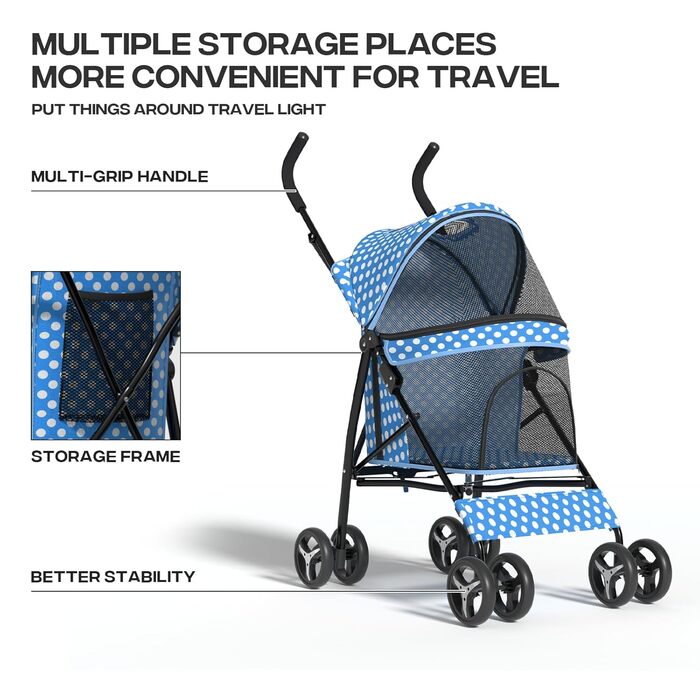 Візок для собак маленьких порід, 4,5-10 кг, візок для цуценят, візок для середніх собак, візок для котів, візок для 2 котів, з багажником, леопардовий принт (блакитний/у крапку)