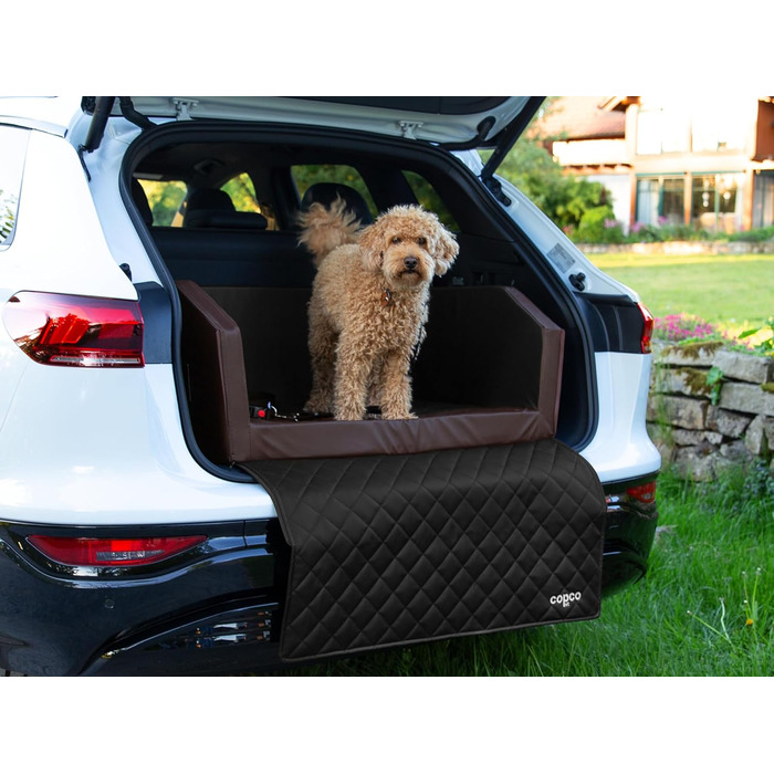 Автоматичне ліжко для собак CopcoPet у багажник, 70x55x38 см, штучна шкіра, захист багажника, водовідштовхувальне, стійке до подряпин, з захисним покриттям, для подорожей (Коричневий/Чорний, 100x90 см з системою ременів)