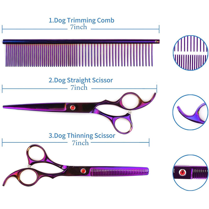 Набір професійних ножиць для собак, ножиці для стрижки шерсті собак, ножиці для собак та котів з титановим покриттям, з кусачками для нігтів (фіолетовий, 17.8 см)