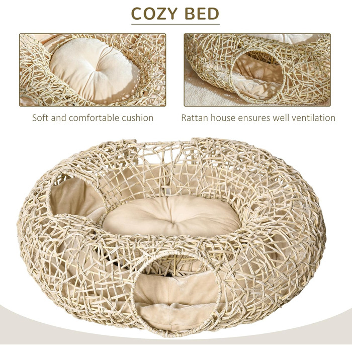 PawHut Корінь для котів з ротангу, 78x69x22 см, з м'яким подушкою, 3 входи, тунель для котів, натуральне дерево