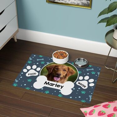 Підкладка під миску з іменем для домашніх тварин | Килимок для собак та котів | 45 x 75 см | Гумова підкладка 4 мм | Мотив домашнього улюбленця | Eat Sleep Walkies