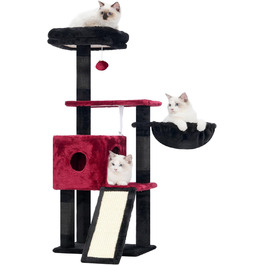 Котячий будиночок Hey-brother Kratzbaum 108 см: багатоповерховий котячий будиночок з подряпувальними стовпами, кошиком, просторим будиночком та іграшкою-помпоном, червоно-чорний MPJ007SBR