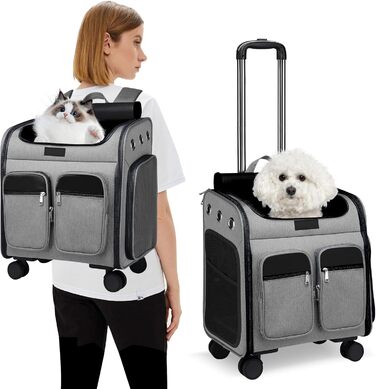 Рюкзак-переноска для кота та собаки PETCUTE з візком 2 в 1 до 11 кг, сірий. Знімний килимок, дихаюча переноска для подорожей з тваринами