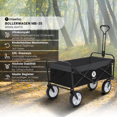 Складаний візок Miweba MB-35 | Вантажопідйомність 120 кг - для дітей, саду, пляжу | Чорний/Темно-сірий