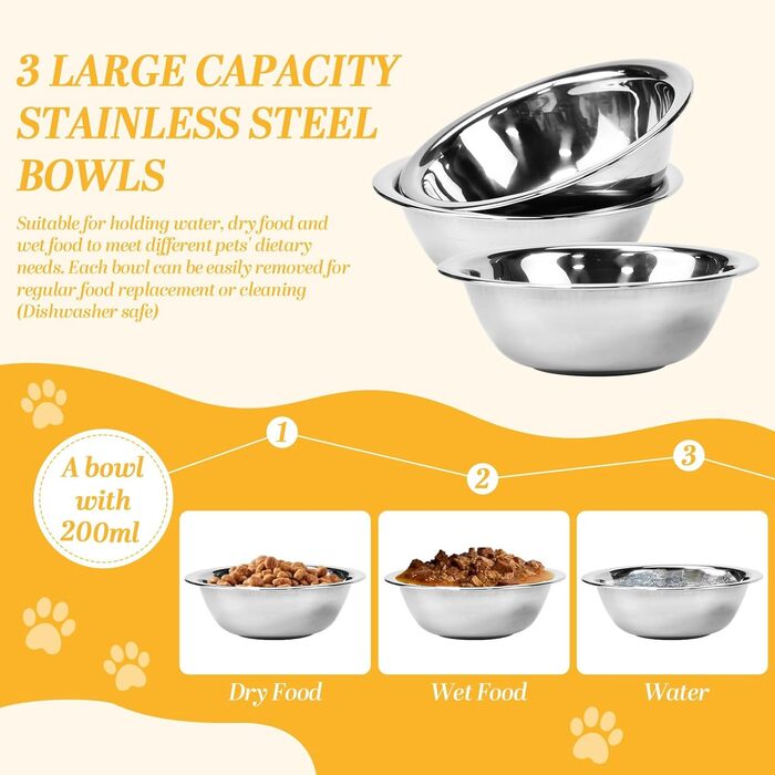 Набір мисок для котів 3 шт. з нержавіючої сталі, підняті миски для котів та маленьких собак, дерев'яна годівниця для котів, чорний колір