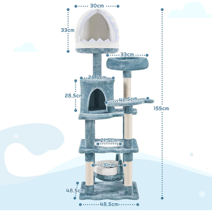 Дерев'яний будиночок для котів Yaheetech Meer Katzenbaum 155 см, когтеточка, блакитно-білий, з гамаком та платформою