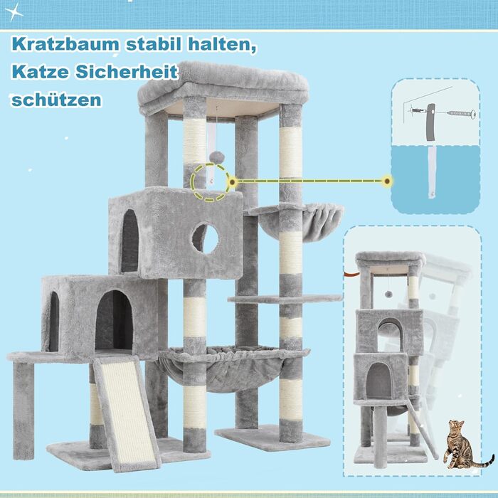 Котячий будиночок Hey-brother Kratzbaum: велика платформа, 2 печери, гамак, сизаль, кошик, 127 см, MPJ071W