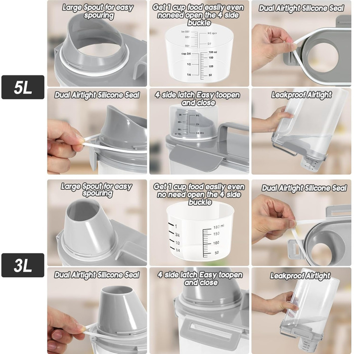 Контейнер для корму для собак, велика насадка, BPA-free, 4,5-6,8 кг, пластик, з 4 герметичними закриттями, мірна склянка та ручка, сірий