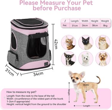 Рюкзак для кота та собаки Petsfit - зручний та дихаючий, до 5 кг, з сіткою та регульованим ременем, зелений (сірий & рожевий)