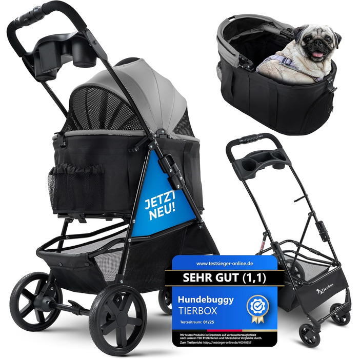 Візок для собак Tierbox до 10 кг, для маленьких собак та котів, сірий, складний, QuickFold