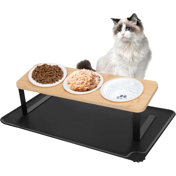 Набір мисок для котів BBWELL Ceramic: 3 шт. з кераміки, похил 15°, антиковзний бамбук, для котів та маленьких собак