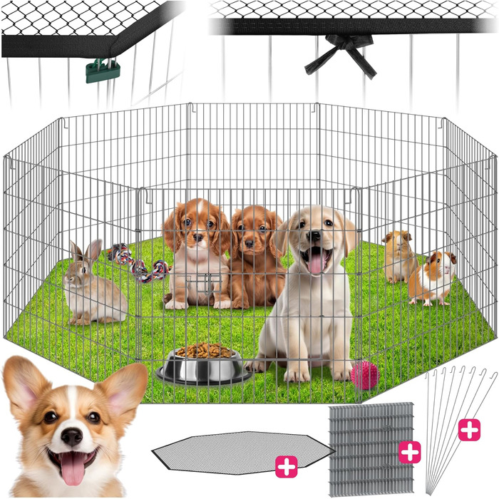 Вольєр Tectake® з захисним сітком, секційна огорожа, розкладна та розширювана, для дрібних тварин, кроликів, як загородження для собак, собачий вольєр, для цуценят, вольєр для кроликів, вуличний вольєр, діаметр 145 см, чорний