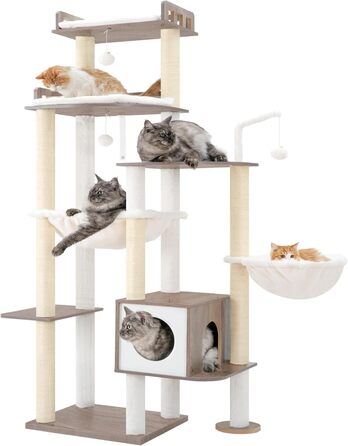 Дерев'яний когтеточка Heybly Kratzbaum 179 см з будиночком та гамаком, HCT121WB (Вінтаж-Сірий)