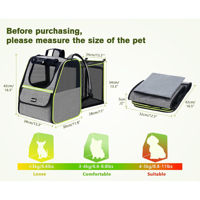 Плед-рюкзак для кота Pecute з сіткою, переноска для тварин, рюкзак для вигулу собак до 6 кг (сірий, розширюваний)