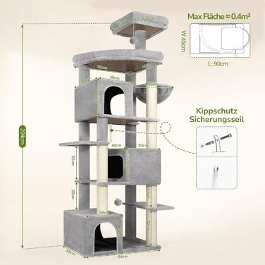 Комплекс для котів Globlazer XXL (203 см) для 4-6 великих котів, сірий: будиночок, платформа, іграшки