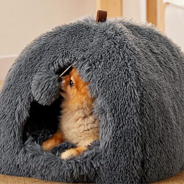 Ліжко для котів BEDSURE - затишна кімната-будиночок 40x40x40 см, плюшеве ліжко для котів, з м'якою подушкою та іграшкою, легко миється, сірий колір