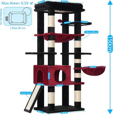 Котячий будиночок Hey-brother Kratzbaum: багатоярусний, 145 см, з лежаком, гамаком та кошиком (червоно-чорний)