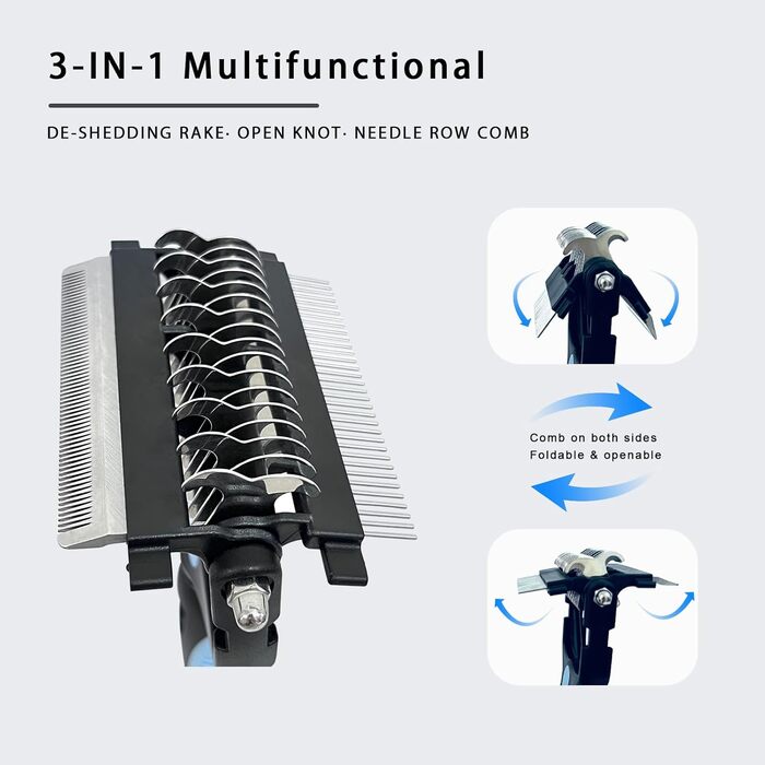 Бурштук для догляду за шерстю собак та котів 3-в-1 - двосторонній інструмент для видалення шерсті з нержавіючої сталі, гребінець для розплутування та щітка для підшерстка | Ергономічна ручка для видалення матової шерсті, безпечний для тварин