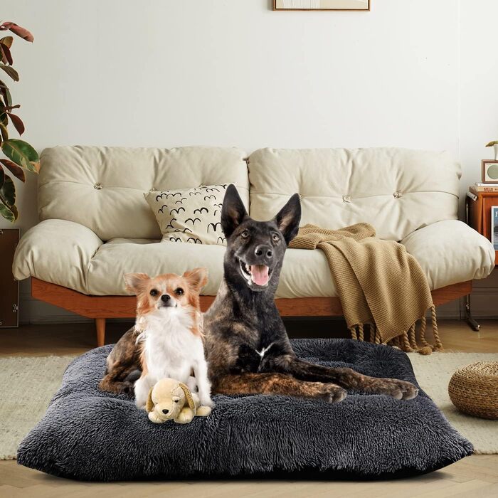 Килимок для собак великий, 90 x 58 см, миючий, пухнастий, Sherpa, з неслизьким дном, теплий лежак для собак та котів, сірий (XL)