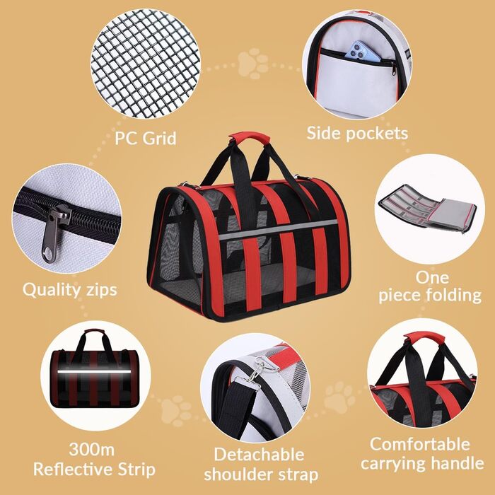 Транспортна переноска для кота Treer, з сіткою, складана, червона, 40x27x24 см