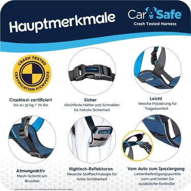 Автомобільна захисна шлейка для великих собак CarSafe, краш-тестована до 32 кг, м'яка та комфортна, безпечна подорож у авто