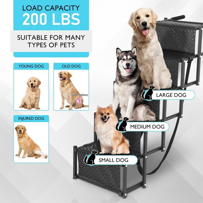 Лебіу - сходинка для собак у машину, портативна складна рамка для собак, SUV, вантажівки, легка рамка для великих собак з антиковзким покриттям, посилена сходинка для собак, підтримує до 90.7 кг, 5 сходинок