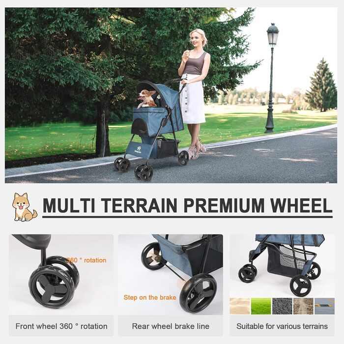 Дитяча коляска для собак та котів, універсальна, 4 колеса, швидко складається, легка, для середніх та маленьких тварин (Морський колір)