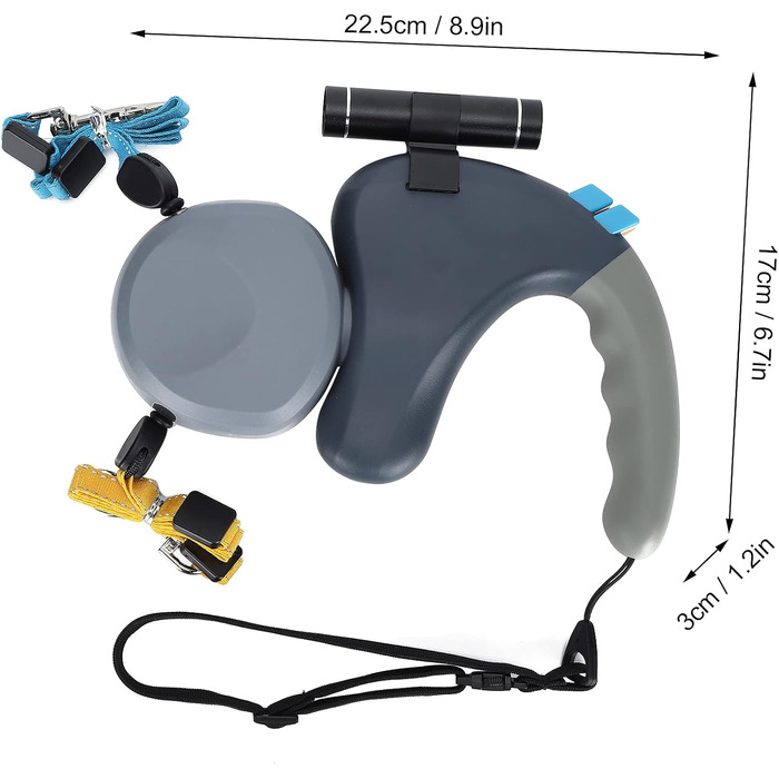 Подвійна собача повідка, висувна повідка з LED-підсвічуванням для двох собак, з фіксатором, регульована, 9,8 футів, 360° без перекручування (сіра)