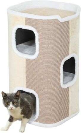 PawHut Котячий драпак-стілець 3 рівні, котячий будинок, меблі для котів, ДСП, плюш, сизаль, бежево-білий, 40x40x74 см