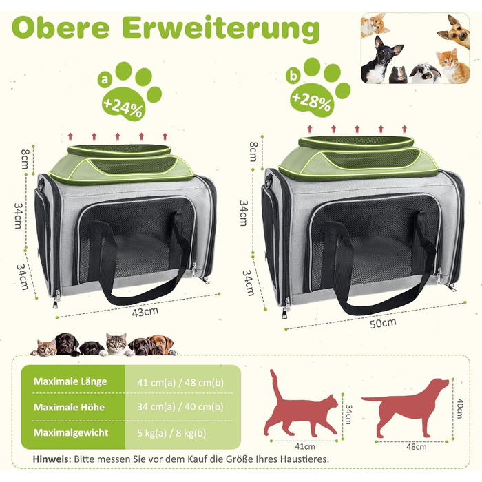 TOFFCAEA Транспортна сумка для кота/собаки, переноска для собак, складана переноска для котів, портативна, 6 кг, для середніх собак та котів (Сірий, 43 x 28 x 28 см)