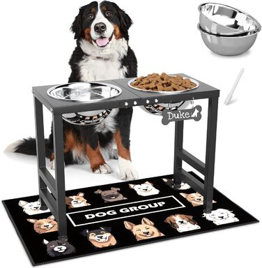 Підвищена годівниця для собак великих та екстра-великих порід, підставка для мисок з нержавіючої сталі (2,863 г) та не проливаючим килимком, годівниця висотою 43 см для великих порід, чорний колір