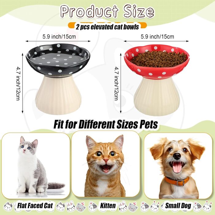 Підвищений годівниця для котів Teenyyou з кераміки, 2 шт. – годівниця для котів з вусами, широка годівниця для корму та води (червоний, чорний)