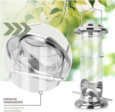 Годівниця для птахів Wildtier Liebe, зелена - з нержавіючої сталі, годівнична колонка, годівничий силос для диких птахів, цілорічне годування (23,5 см, срібло)