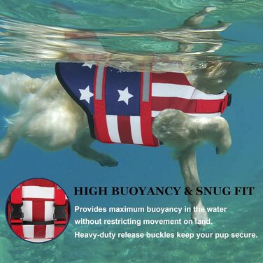 Жилет для плавання для собак Dogcheer з плавниками акули, американським прапором, світловідбиваючими смугами та ручкою для порятунку, регульований, з високою плавучістю, для цуценят, собак середніх та великих порід, червоний та темно-синій