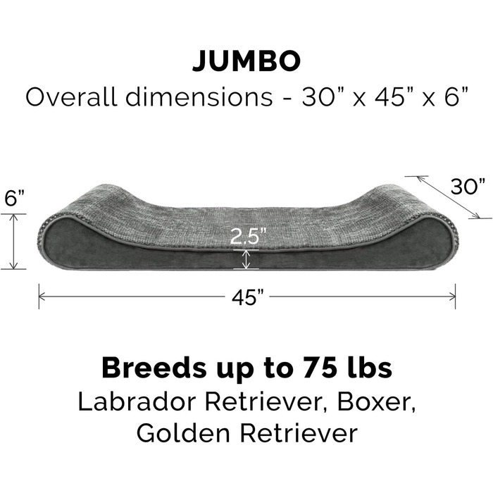 Ортопедичне ліжко для собак Furhaven, великі породи, до 34 кг, знімний водонепроникний чохол, Minky Plüsch & Samt, сірий колір, розмір Jumbo/XL (114 x 76 x 15 см)